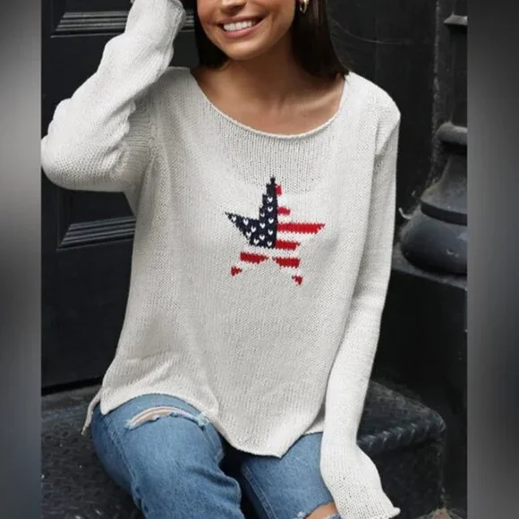 Wooden Ships Open Knit American Flag Star Sweater USA Patriotic Women's S/M - Picture 2 of 9